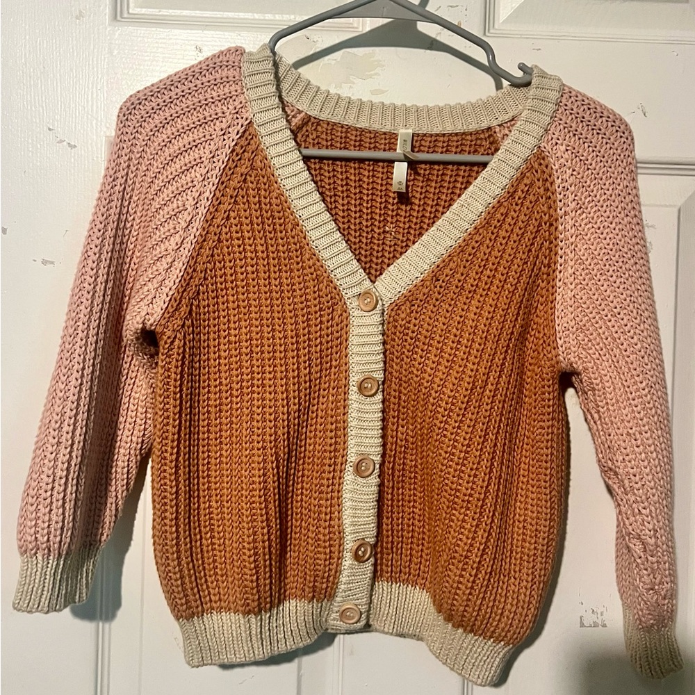 Pink and Brown Cardigan Sweater with V-neck and Chunky Knit